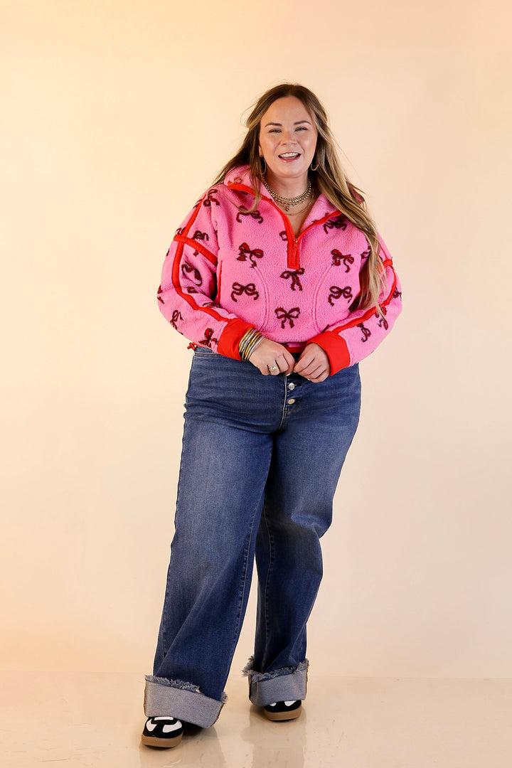 Simply Southern | Cozy Intentions Fleece Half Zip Pullover Jacket in Pink with Red Bows