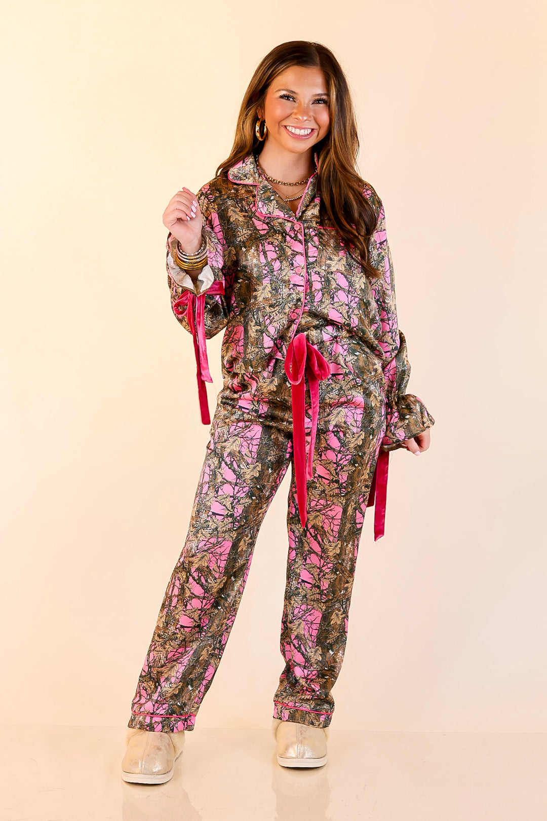 Simply Southern | Sweet Slumber Matching PJ Satin Set with Bow Detailing in Pink Camoflauge