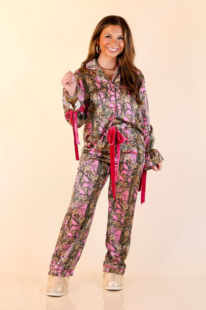 Simply Southern | Sweet Slumber Matching PJ Satin Set with Bow Detailing in Pink Camoflauge