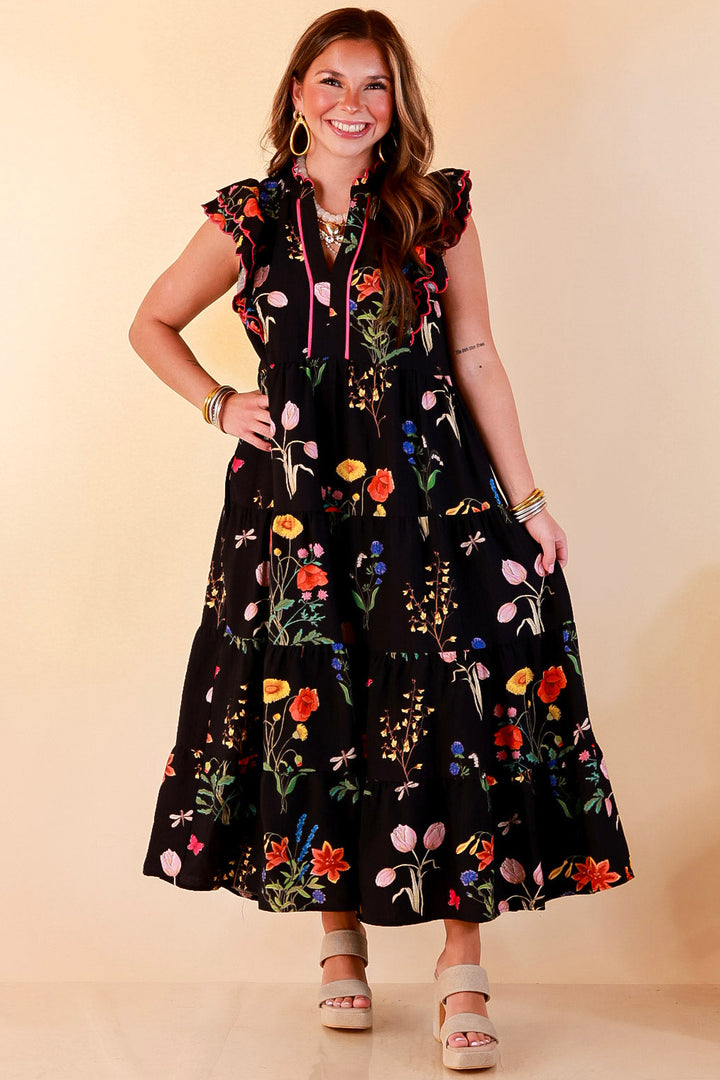 Flourishing Charm Floral Ruffle Cap Sleeve Tiered Midi Dress in Black