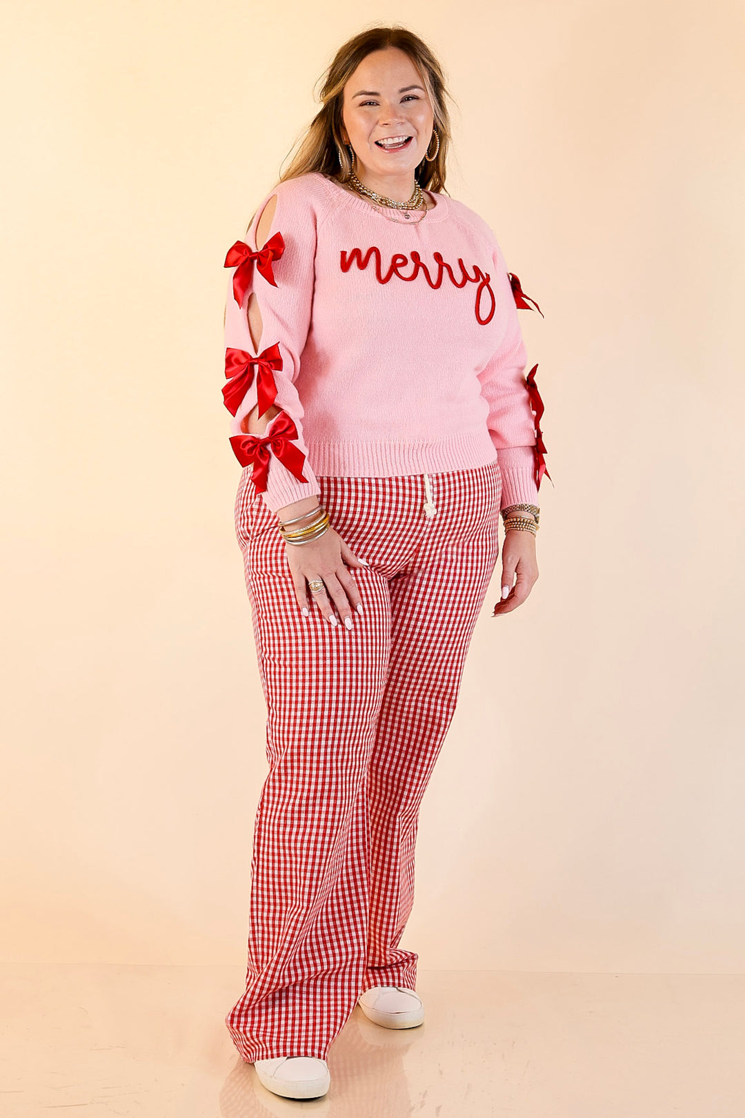 Simply Southern | Merry Moment Textured Knit Sweater with Red Bows in Pink