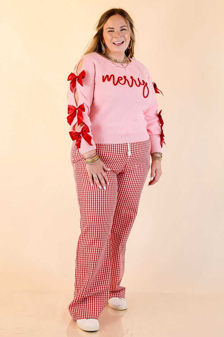 Simply Southern | Merry Moment Textured Knit Sweater with Red Bows in Pink