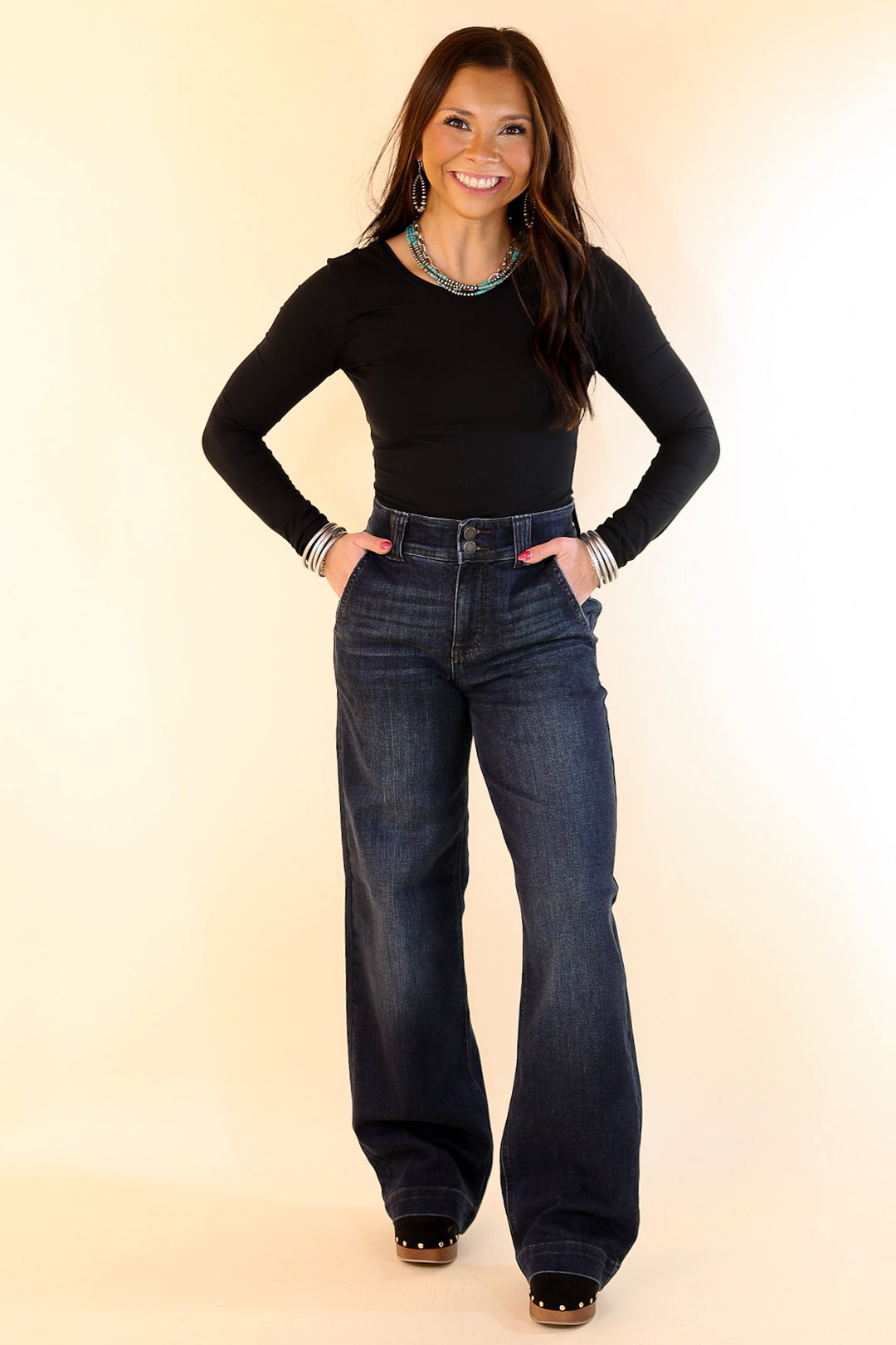 Judy Blue | Right on Trend Double Button Fly Wide Leg Trouser Jean in Dark Wash