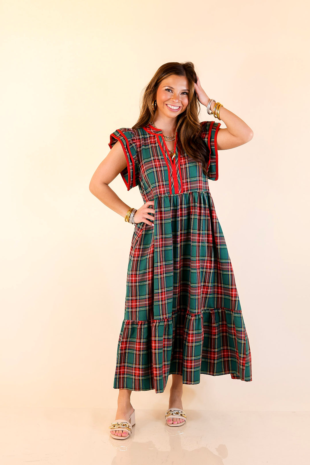 Magnolia Morning Plaid Ruffle Cap Sleeve Tiered Midi Dress in Green