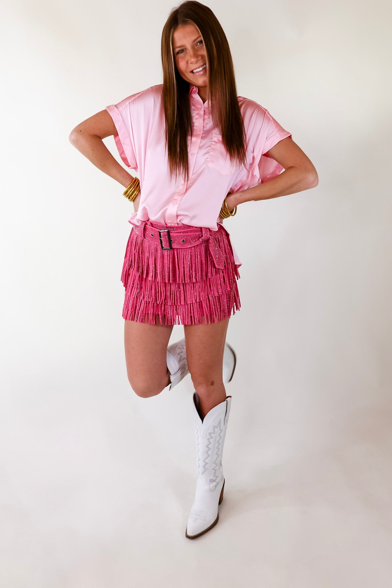 Free To Be Fab Button Up Short Sleeve Top in Light Pink - Giddy Up Glamour Boutique