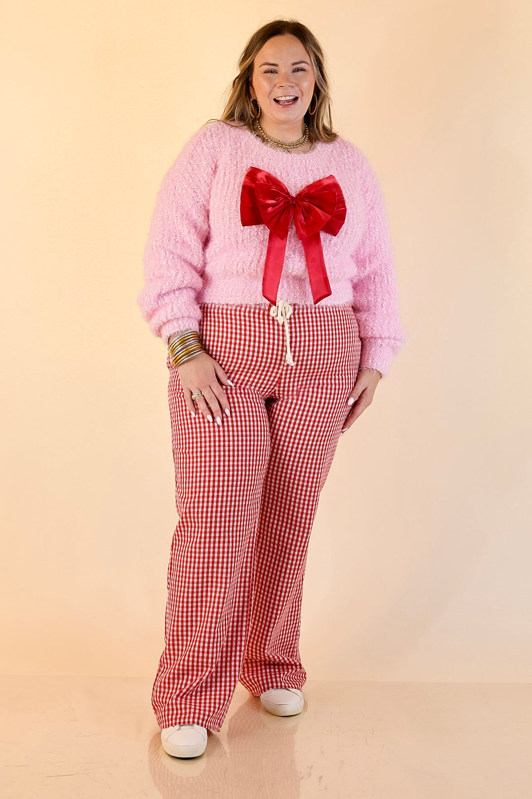 Simply Southern | Tied to Perfection Eyelash Textured Knit Sweater with Red Bow in Pink