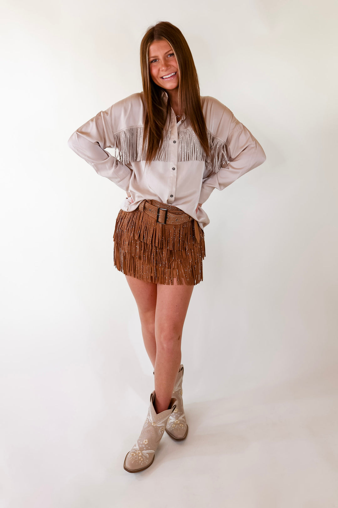 All That Shimmers Crystal Fringe Button Up Top with Long Sleeves in Champagne - Giddy Up Glamour Boutique