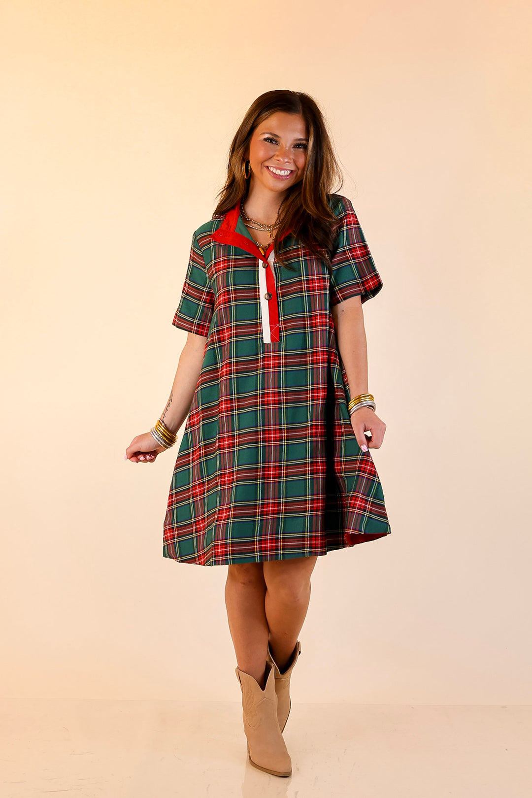 Seasonal Shift Plaid Dress with Pockets and Button Detailing in Green