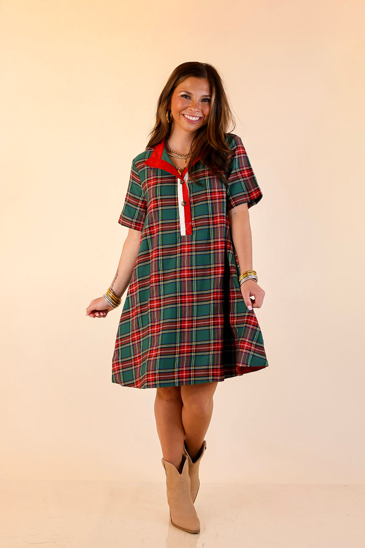 Seasonal Shift Plaid Dress with Pockets and Button Detailing in Green