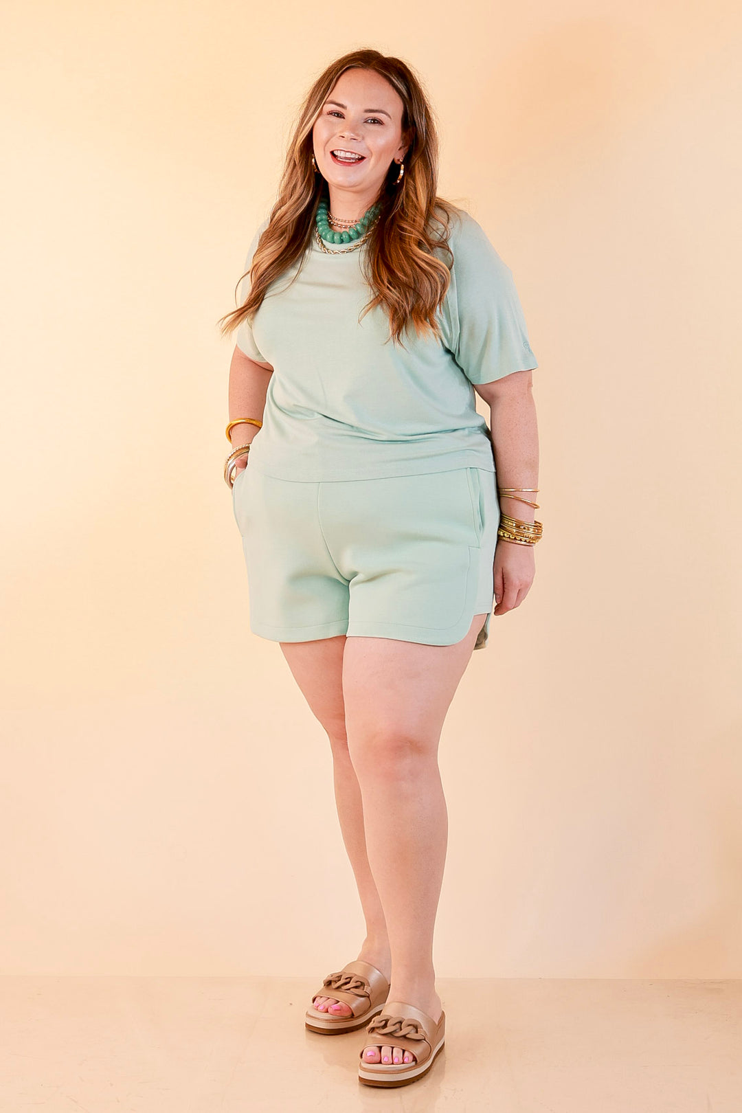 Simply Southern | Modern Staple Buttery Soft Pull-On Knit Shorts with Pockets in Light Dusty Teal Blue
