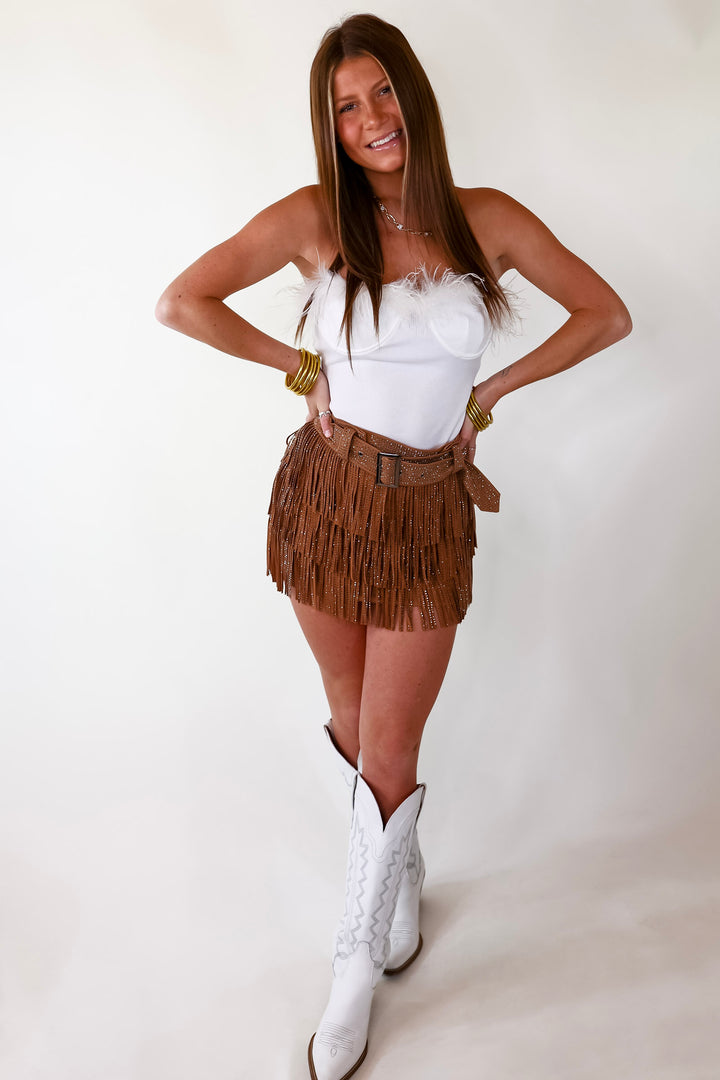 Movie Star Status Strapless Ribbed Bodysuit with Feathers in White - Giddy Up Glamour Boutique