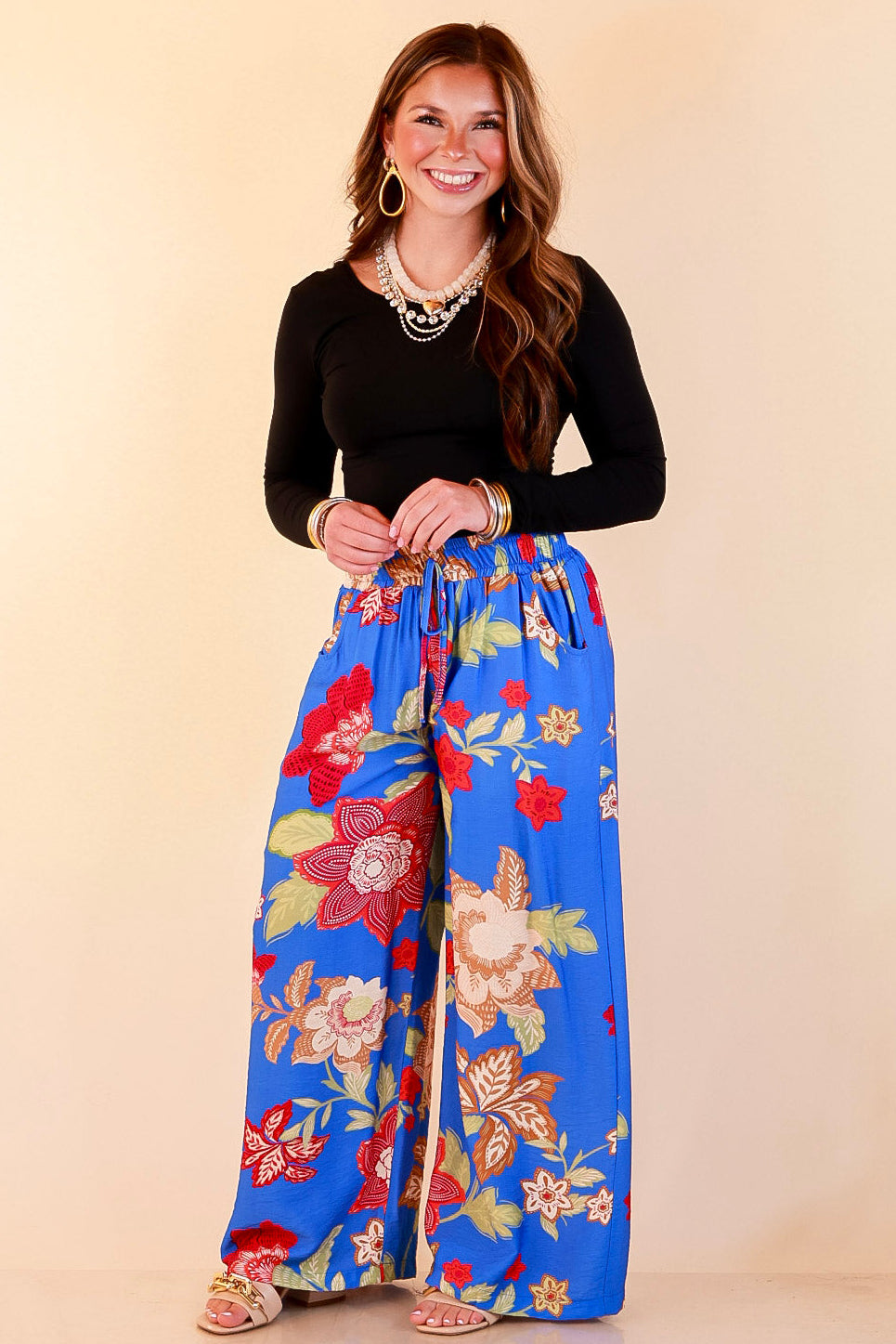 Fresh Picked Floral Print Wide Leg Pants in Blue