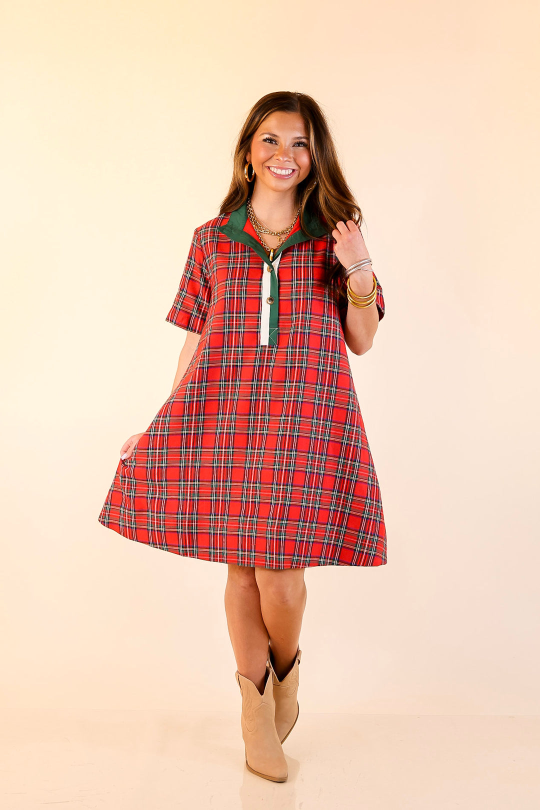 Seasonal Shift Plaid Dress with Pockets and Button Detailing in Red
