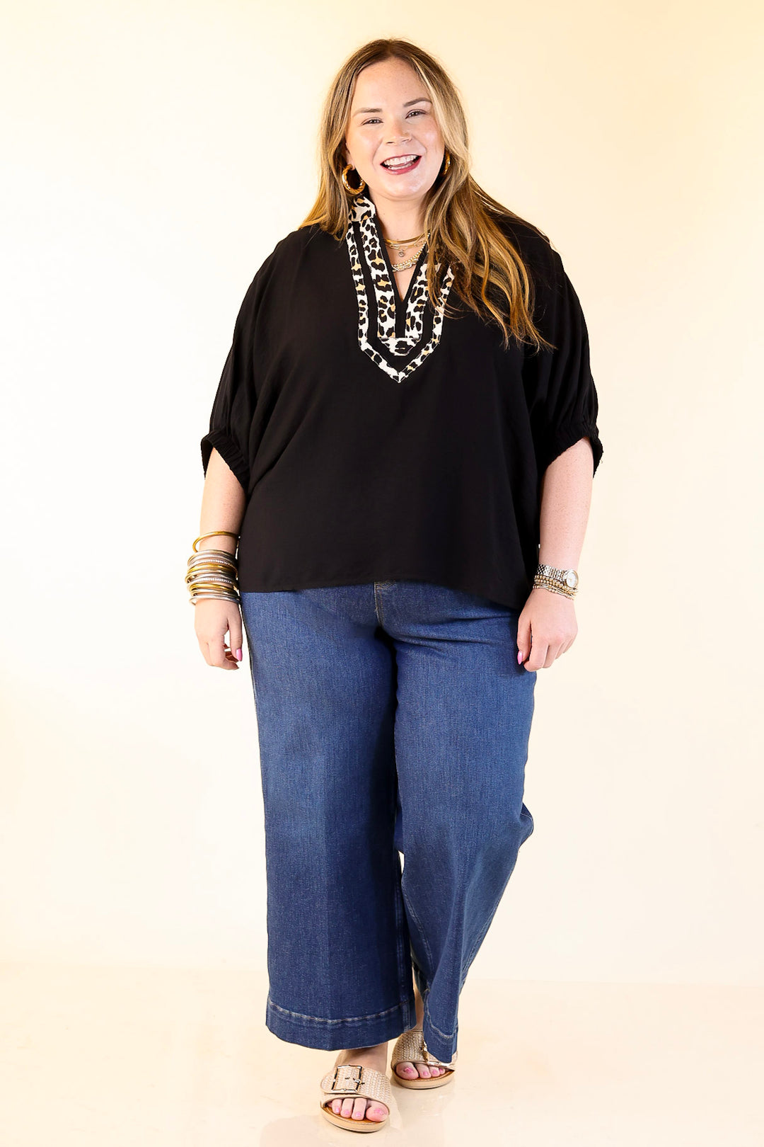 Naturally Stylish Leopard Print Trim Poncho Top in Black