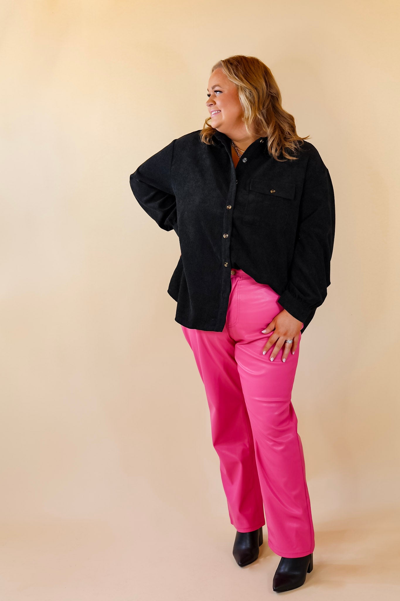All Dolled Up Button Up Corduroy Shacket in Black - Giddy Up Glamour Boutique