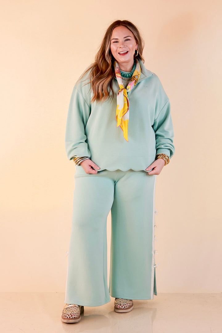 Simply Southern | Modern Staple Buttery Soft Pull-On Wide Leg Knit Pants with Side Bow Detail in Light Dusty Teal Blue