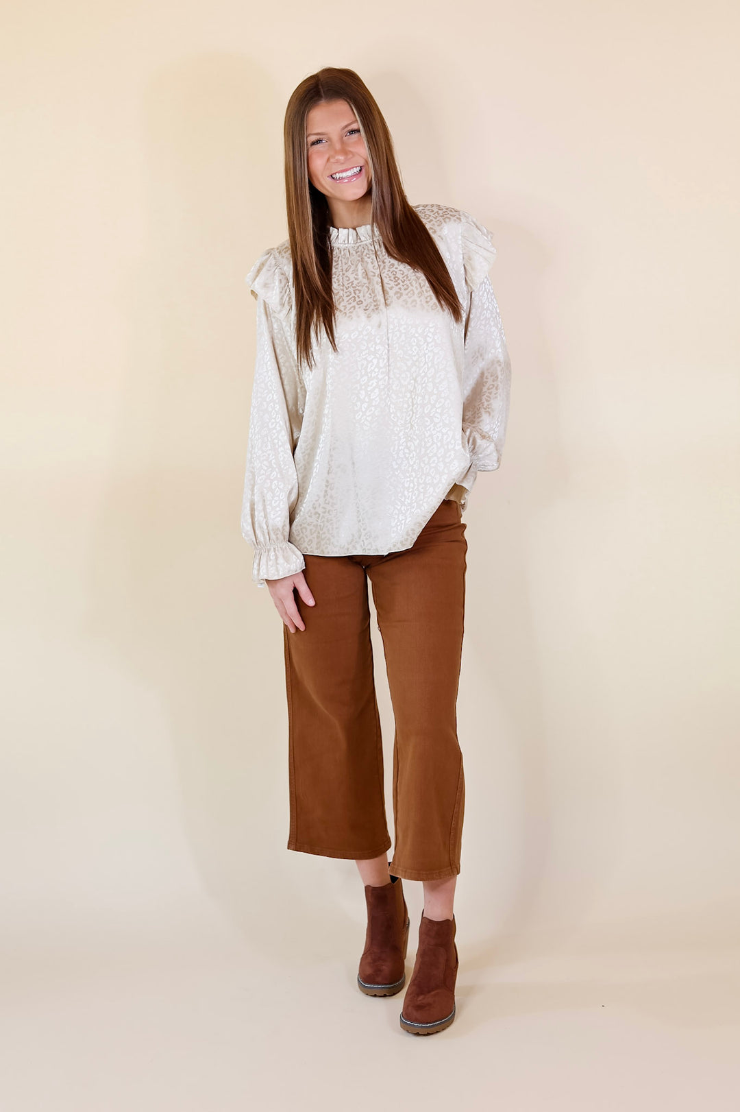 Can't Stop Me Ruffle Mock Neck Long Sleeve Leopard Print Satin Top in Ivory - Giddy Up Glamour Boutique