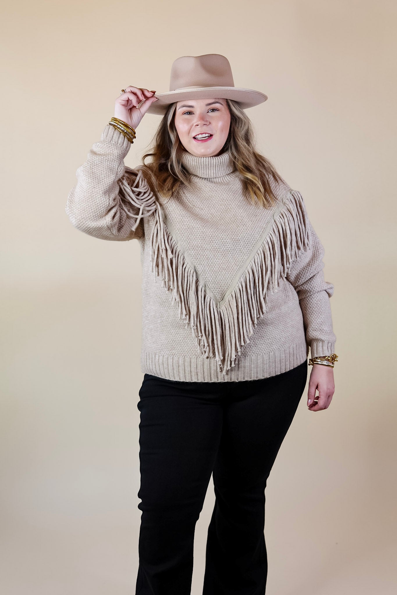 Snuggles And S'mores Turtle Neck Sweater with Fringe in Taupe - Giddy Up Glamour Boutique