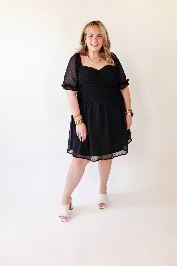 Favorite Adventure Swiss Dot Dress with Short Balloon Sleeves in Black - Giddy Up Glamour Boutique