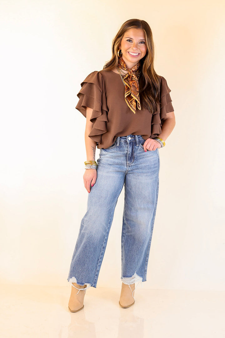 Turning Heads Multi-Tiered Ruffle Cap Sleeve Top in Chocolate Brown