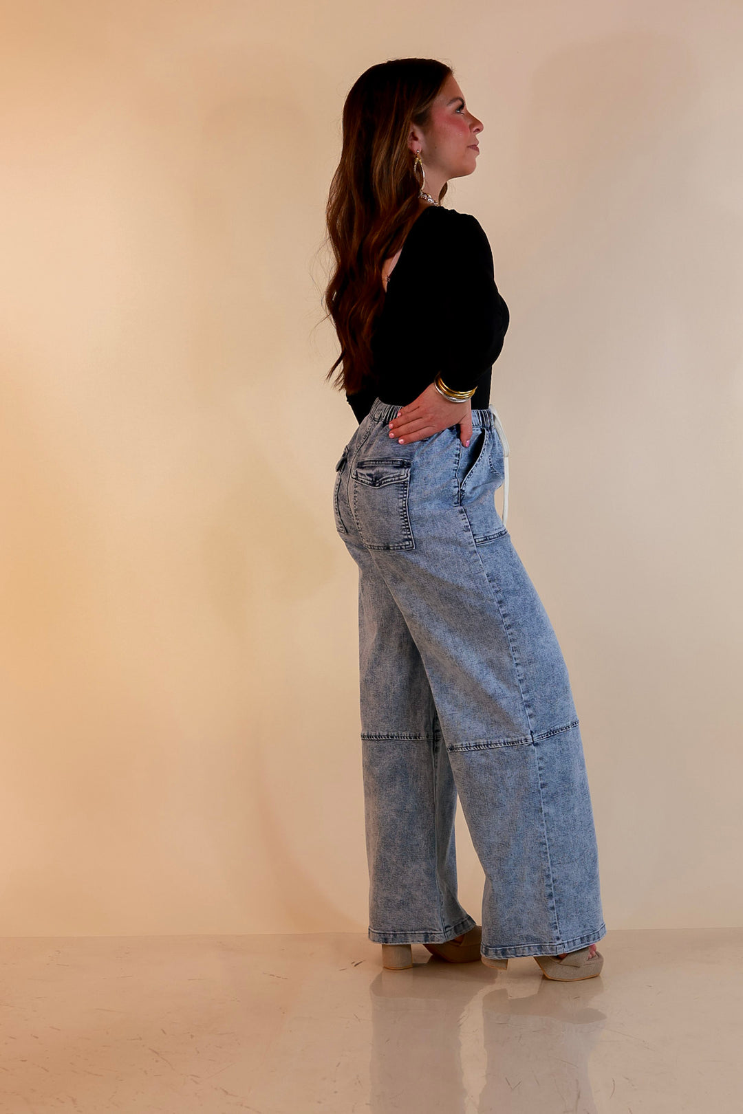 Simply Southern | Right This Way Wide Leg Drawstring Denim Utility Jeans in Acid Wash