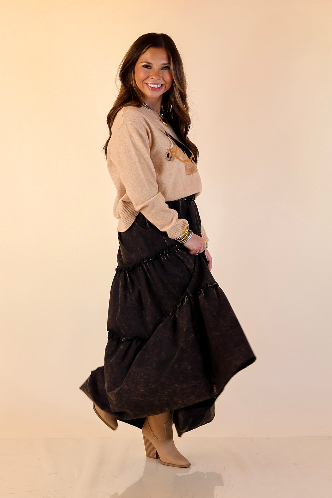 Boho Bliss Acid Wash Tiered Ruffle Maxi Skirt in Ash Black