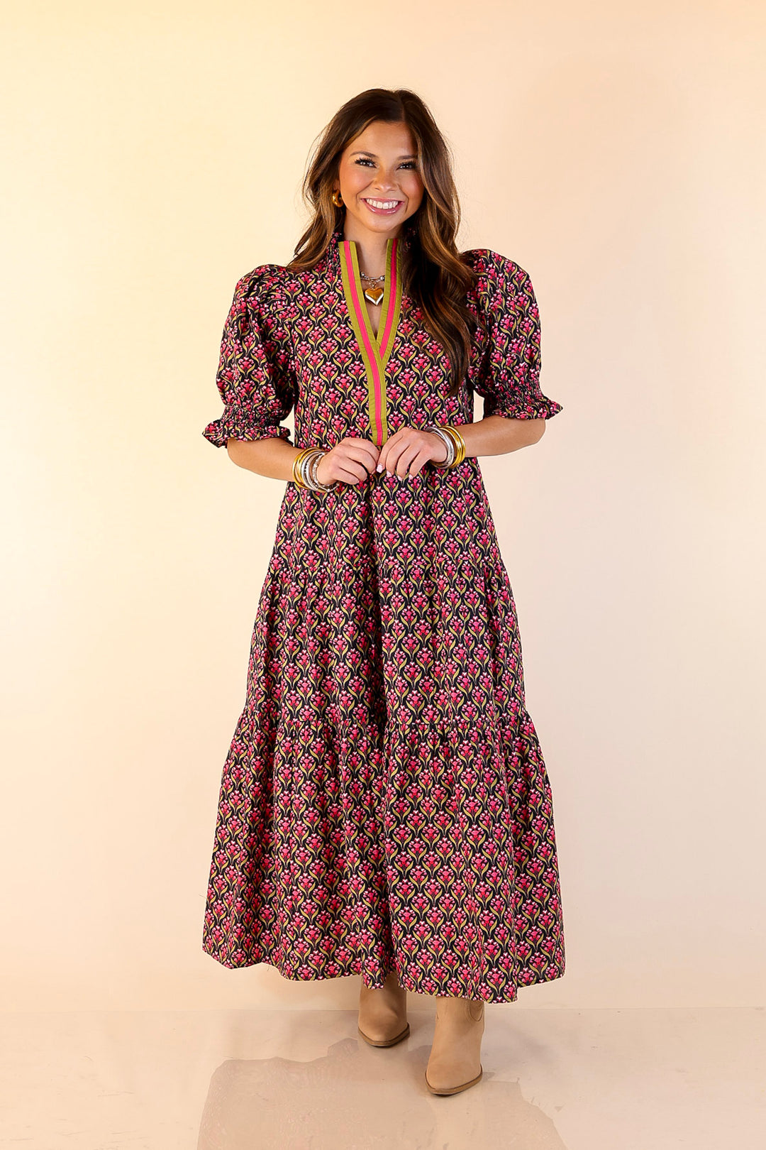 Vibrant Vision Floral Print Maxi Dress with Puff Sleeves and Contrast Trim in Black