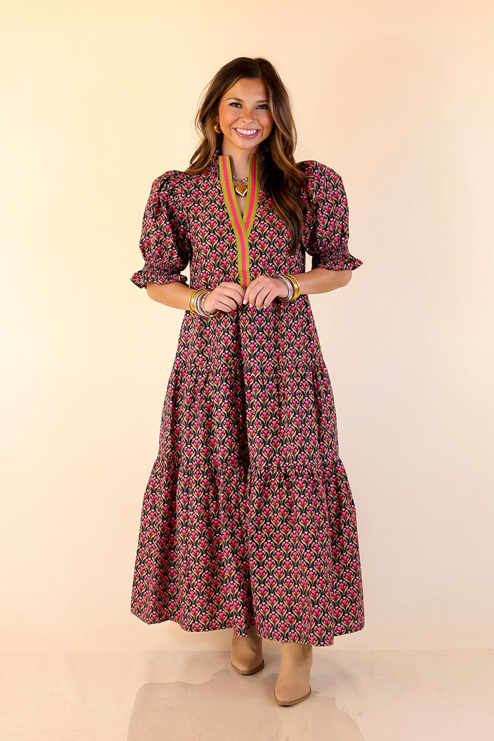 Vibrant Vision Floral Print Maxi Dress with Puff Sleeves and Contrast Trim in Black