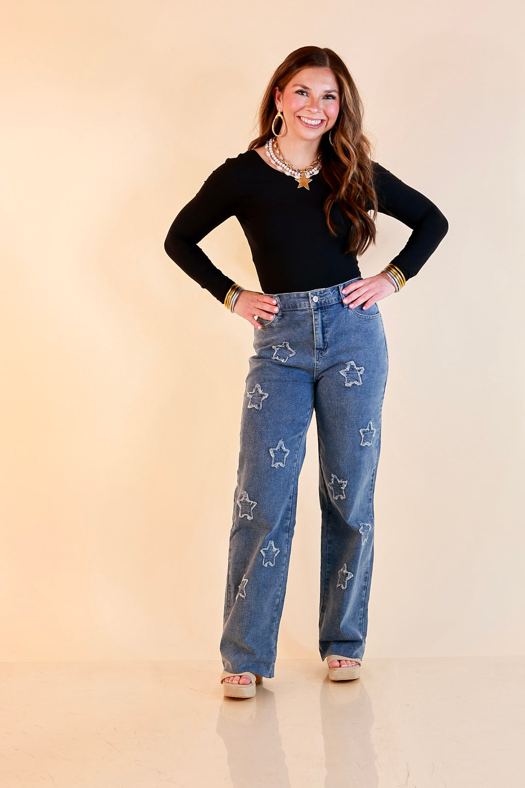 Simply Southern | Star of the Show Straight Leg Denim Jeans with Star Patch Detailing in Medium Wash