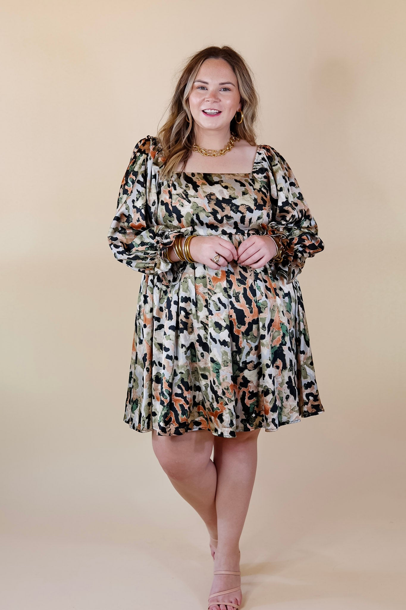 Feeling Fine Satin Watercolor Print Dress with 3/4 Sleeves in Olive Mix - Giddy Up Glamour Boutique