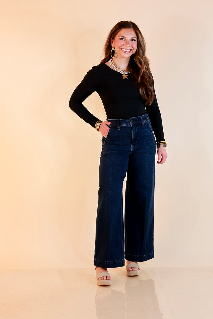 Judy Blue | Chic in Motion Ankle Length Cropped Wide Leg Trouser Denim Jeans in Dark Wash
