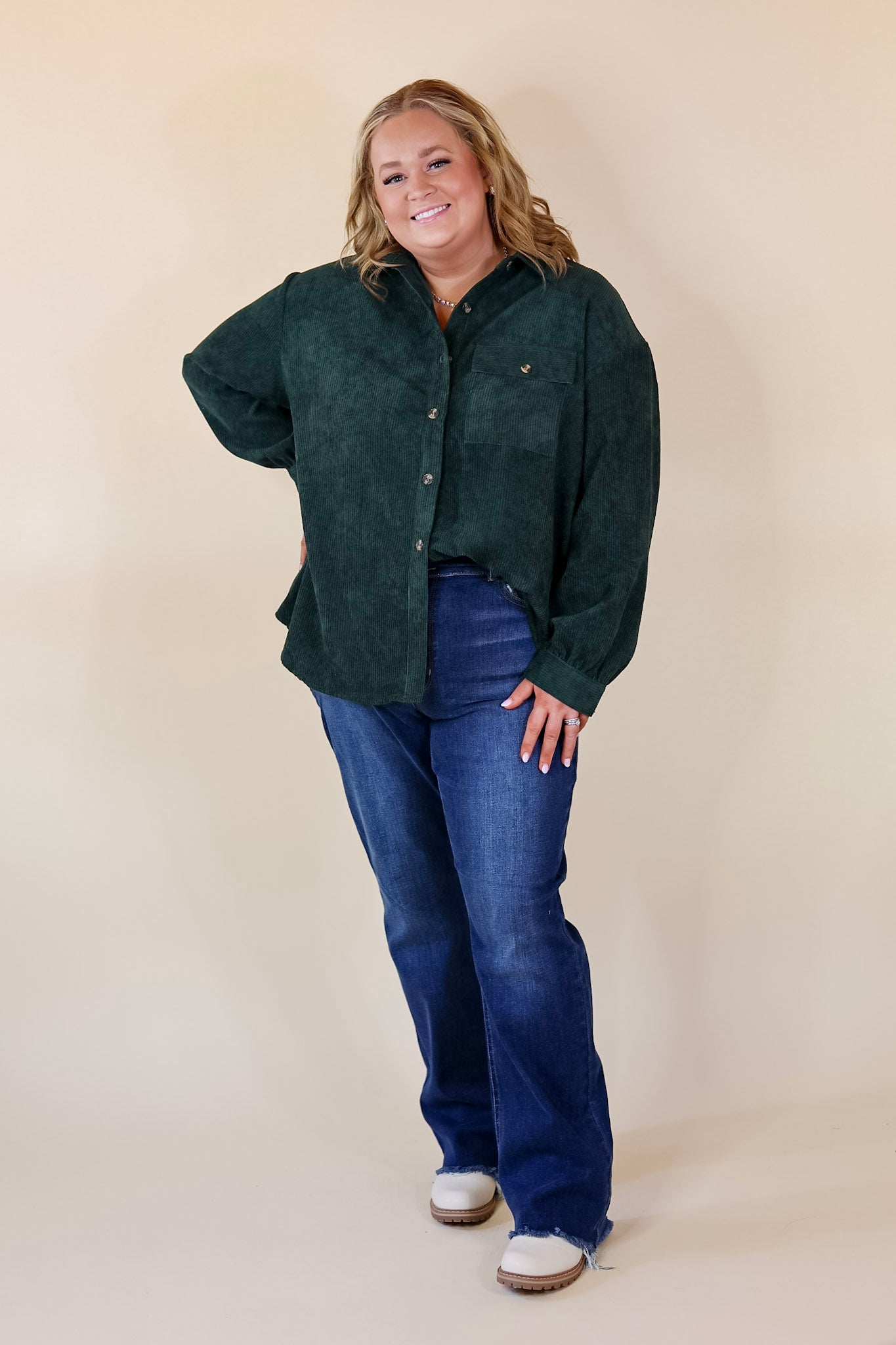 All Dolled Up Button Up Corduroy Shacket in Forest Green - Giddy Up Glamour Boutique
