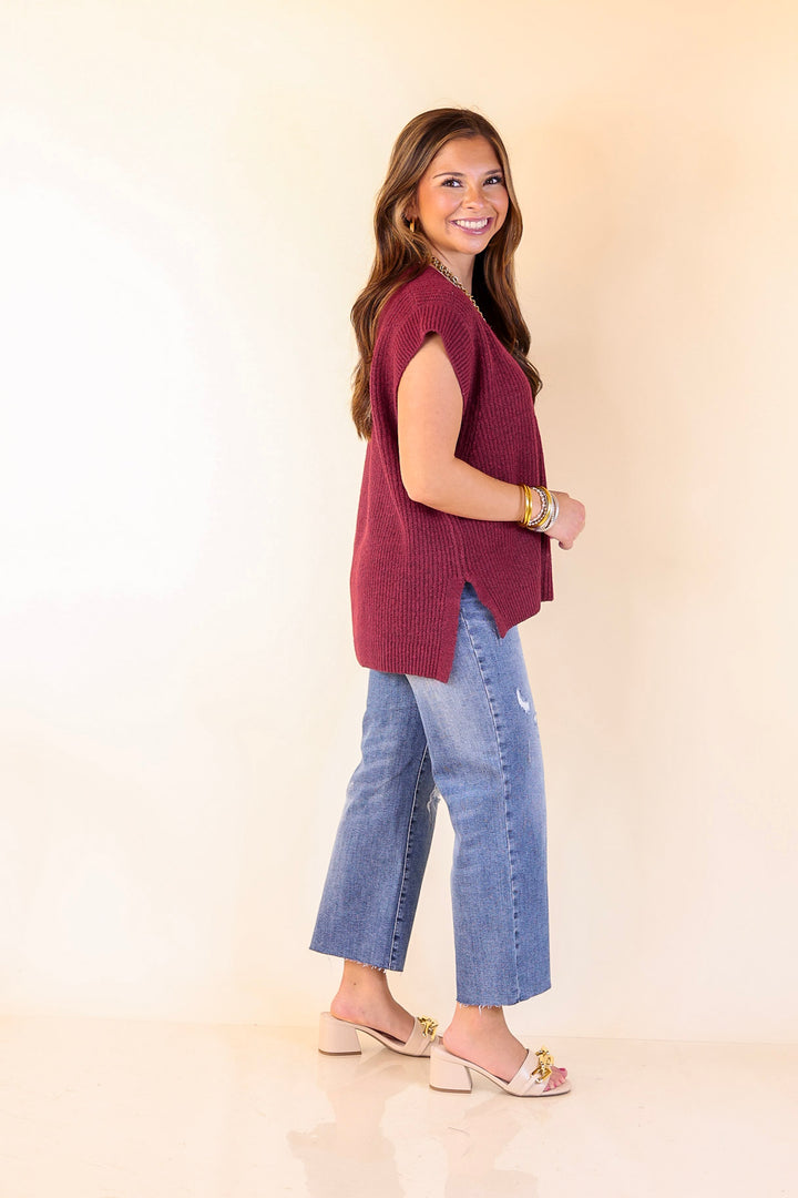 Fall For You Textured V-Neck Oversized Knit Sweater Vest Top in Maroon