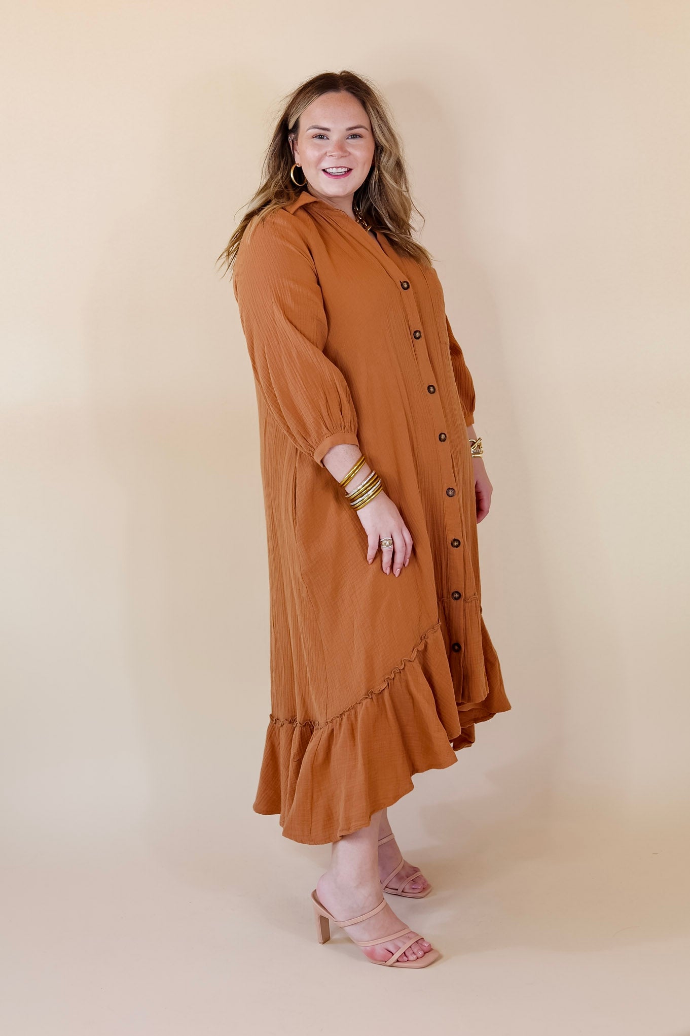 New England Nights Button Up Ruffle Hem Midi Dress in Camel - Giddy Up Glamour Boutique