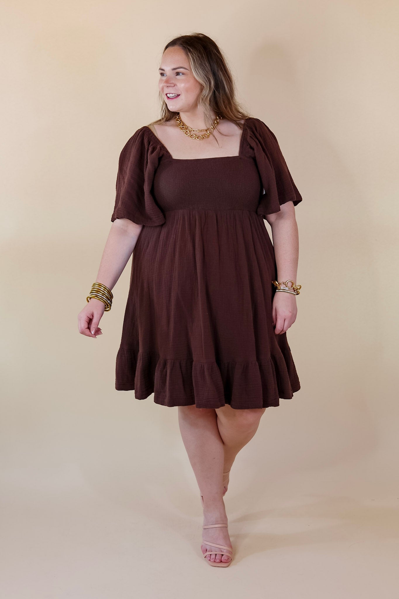 Sugary Sweet Smocked Bodice Dress with Ruffle Hem in Brown - Giddy Up Glamour Boutique