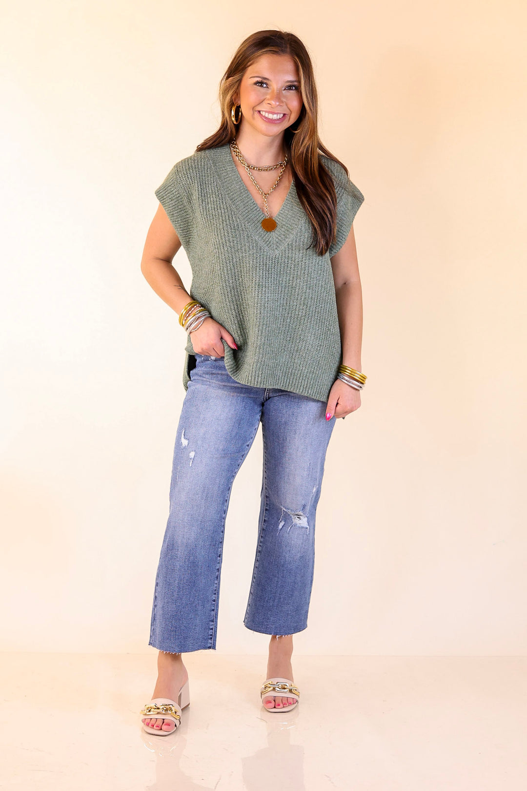 Fall For You Textured V-Neck Oversized Knit Sweater Vest Top in Olive Green