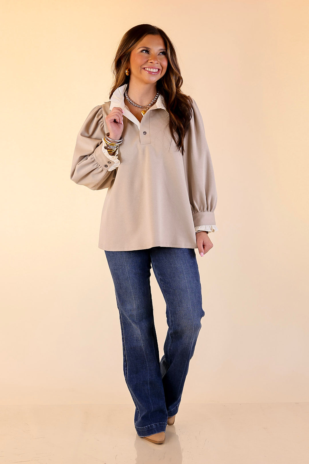 Refined Edge Puff 3/4 Sleeve Top with Collar Detailing in Sand
