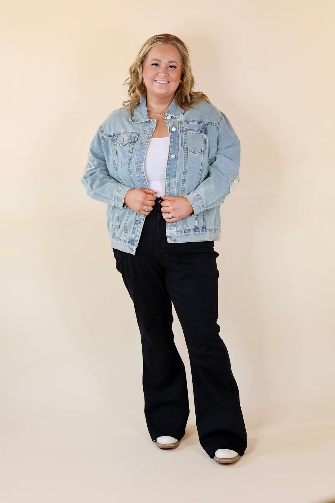 Cosmic Cowgirl Oversized Denim Jacket with Star Patches in Light Wash - Giddy Up Glamour Boutique