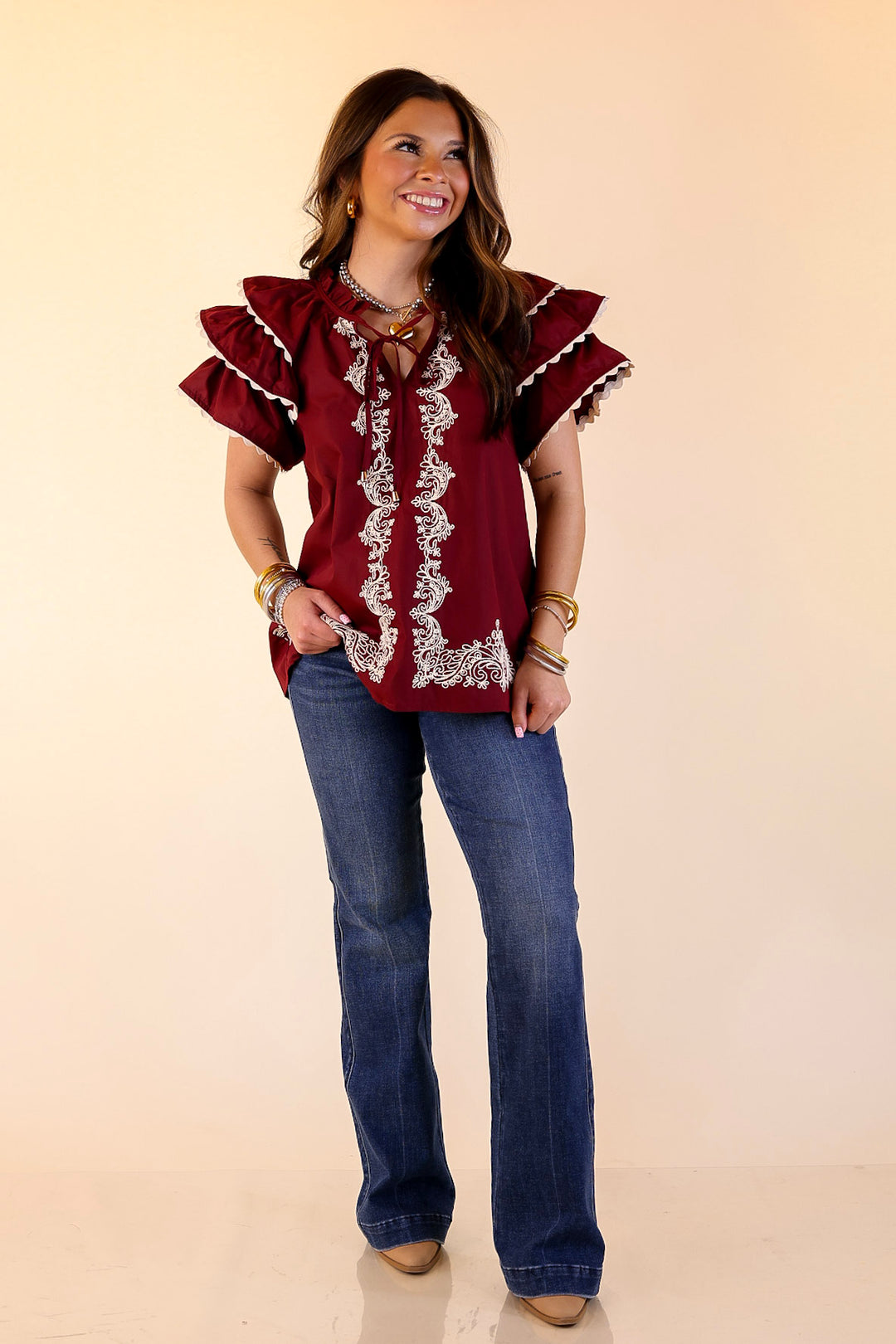 Graceful Details Embroidered Short Sleeve Top with Layered Flutter Sleeves in Maroon