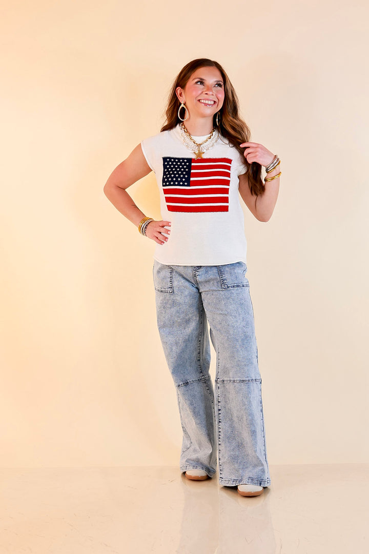 Simply Southern | Star Standard Knit Sleeveless Tank Sweater with American Flag in Ivory