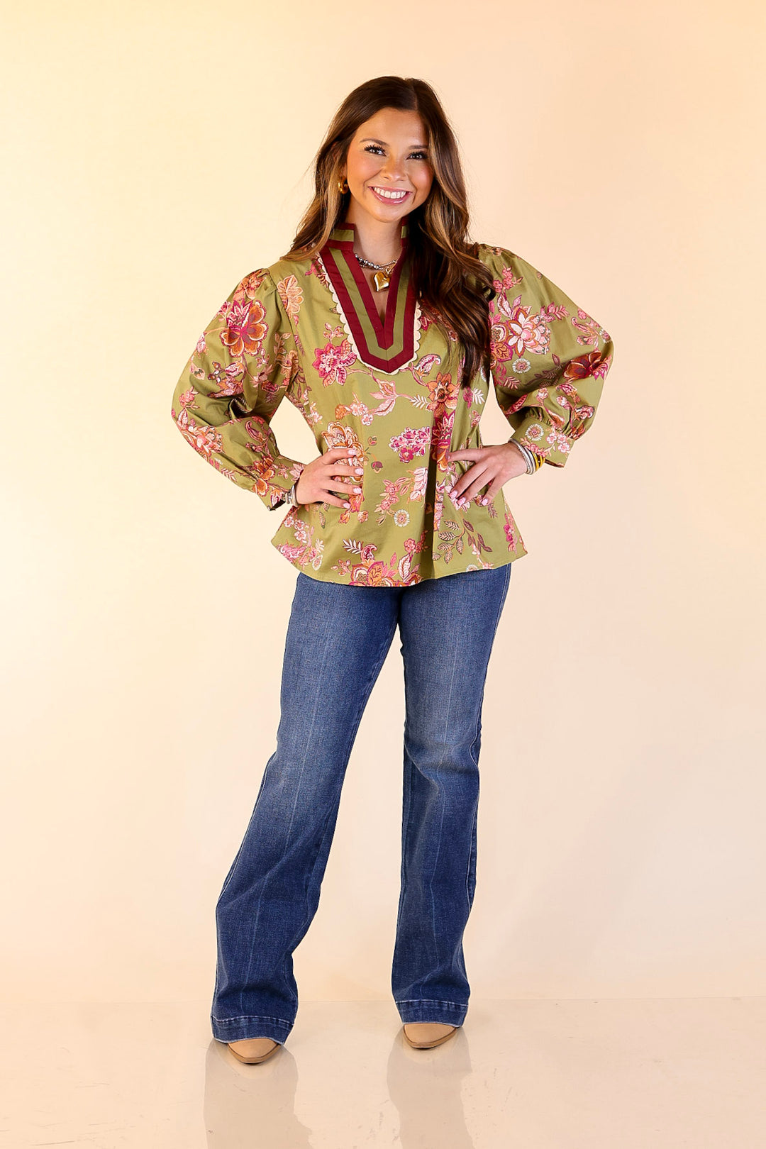 Autumn Allure Floral Long Sleeve Top with Contrast Trim in Olive Green