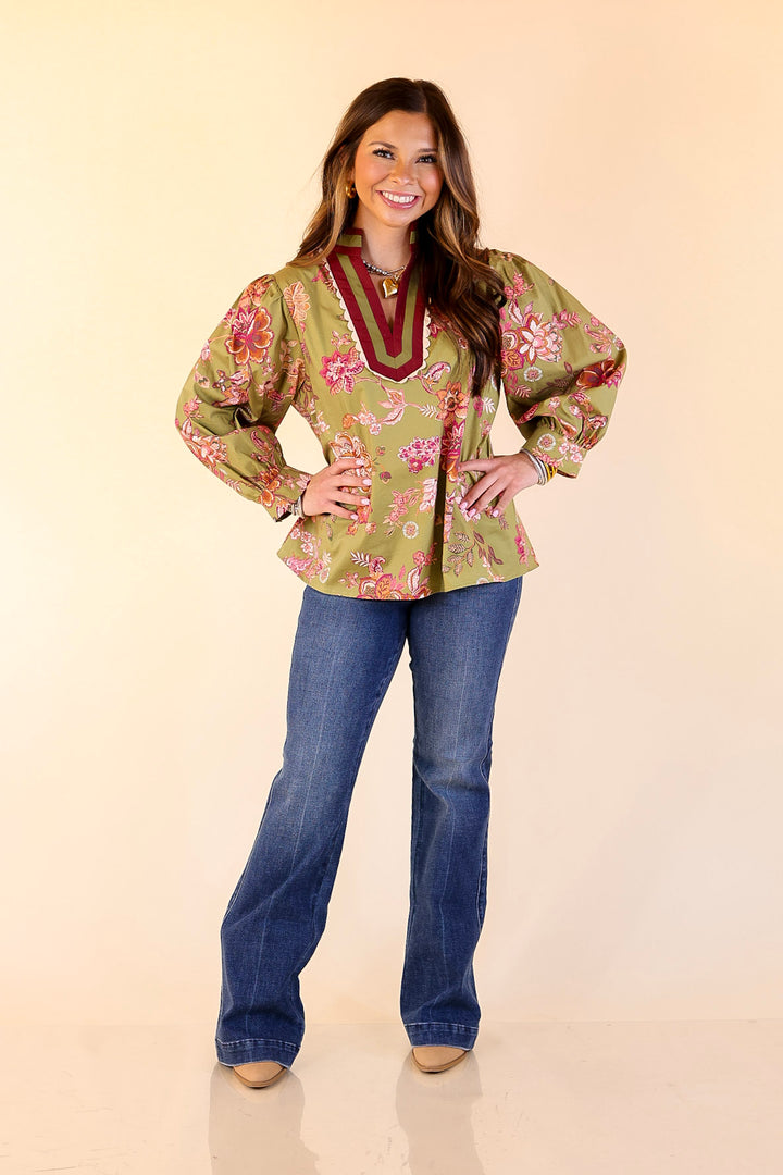 Autumn Allure Floral Long Sleeve Top with Contrast Trim in Olive Green
