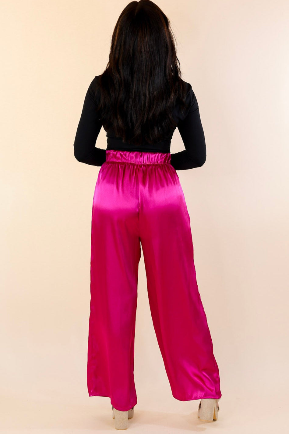 Dare To Dazzle Wide Leg Satin Pants with Waist Tie in Fuchsia Pink