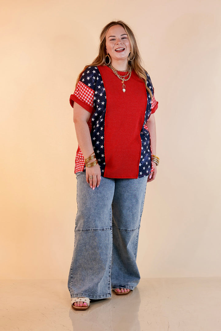 Make Your Mark Ribbed Scoop Neck Mixed Print Short Sleeve Top with Star and Gingham Detailing in Red