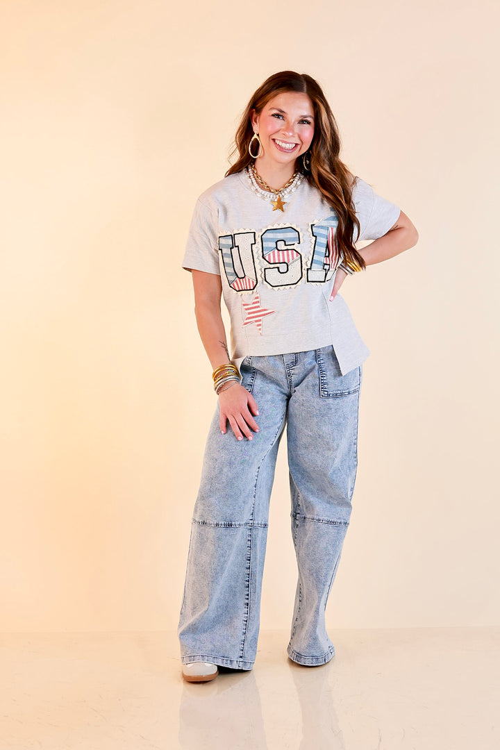 Simply Southern | All American Charm Lace Trim USA Patchwork Split Hem Graphic Tee in Heather Grey