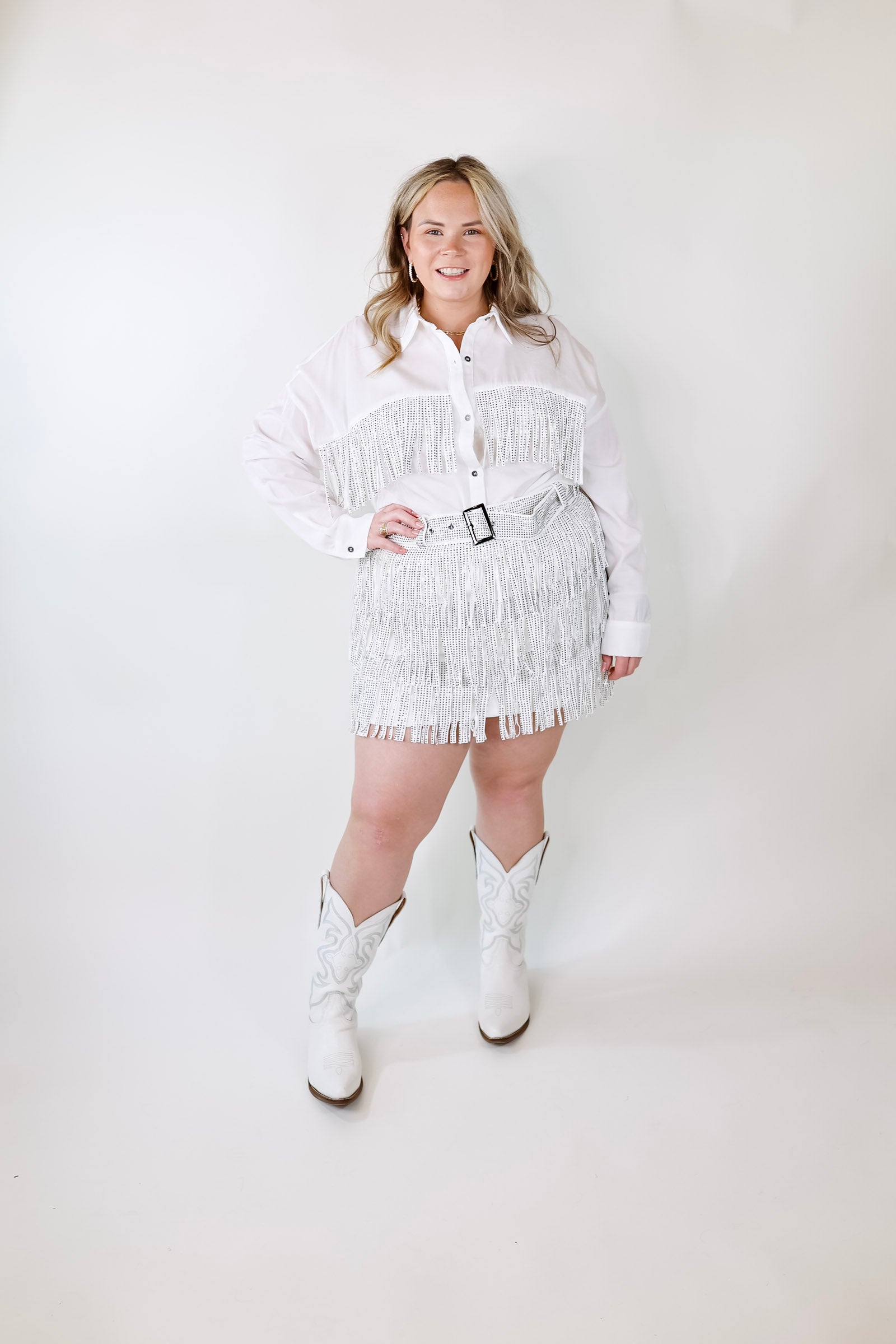 All That Shimmers Crystal Fringe Button Up Top with Long Sleeves in White - Giddy Up Glamour Boutique