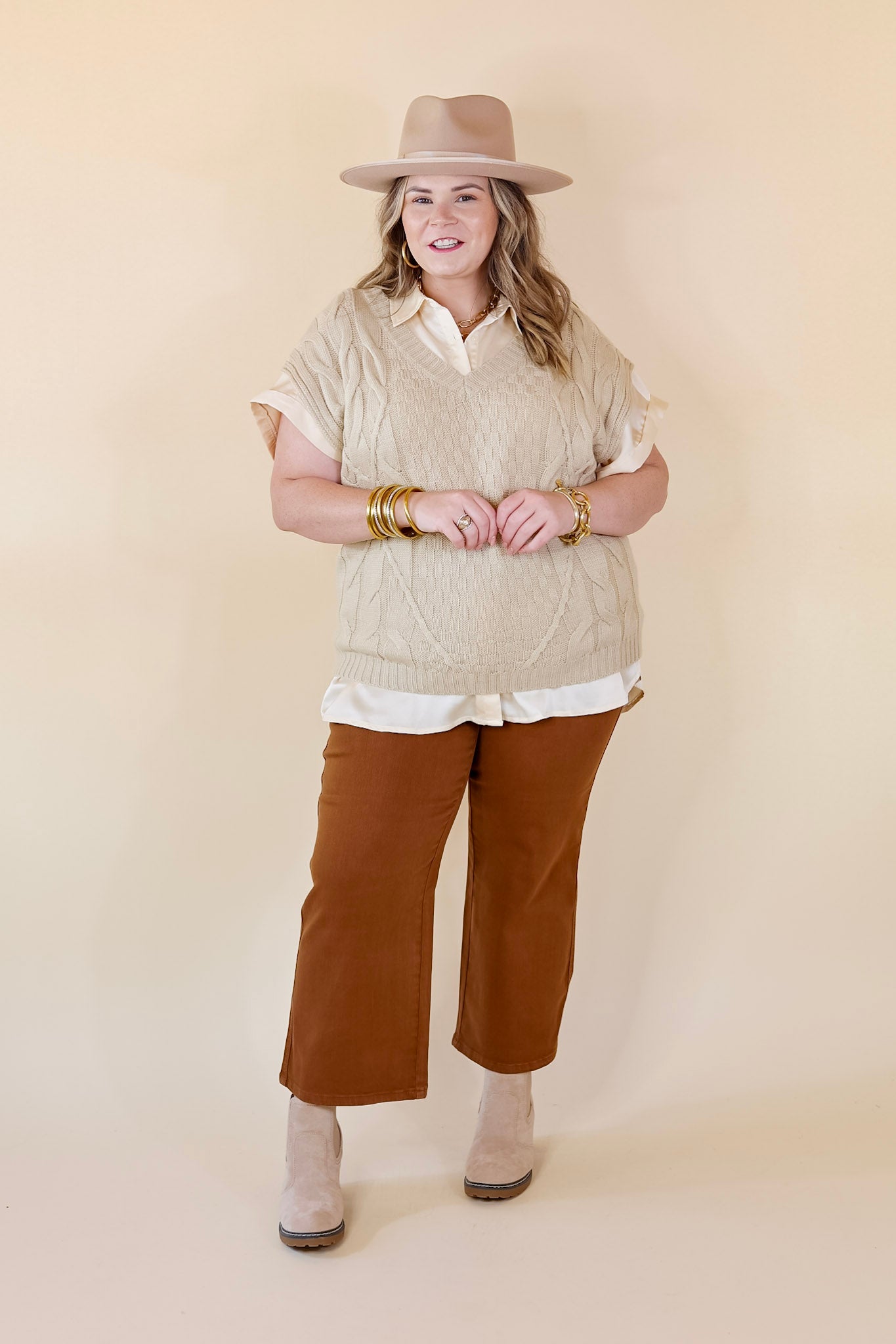 Dream On V Neck Cap Sleeve Sweater in Beige - Giddy Up Glamour Boutique