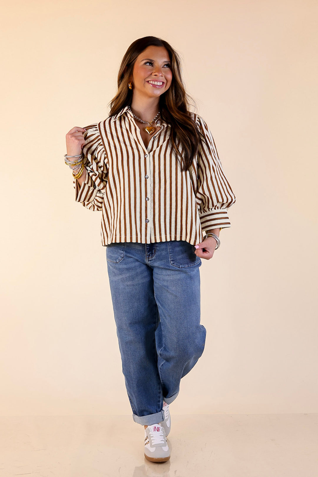 The Bold Type Striped Long Sleeve Button-Up Top in White with Chocolate Brown Stripes