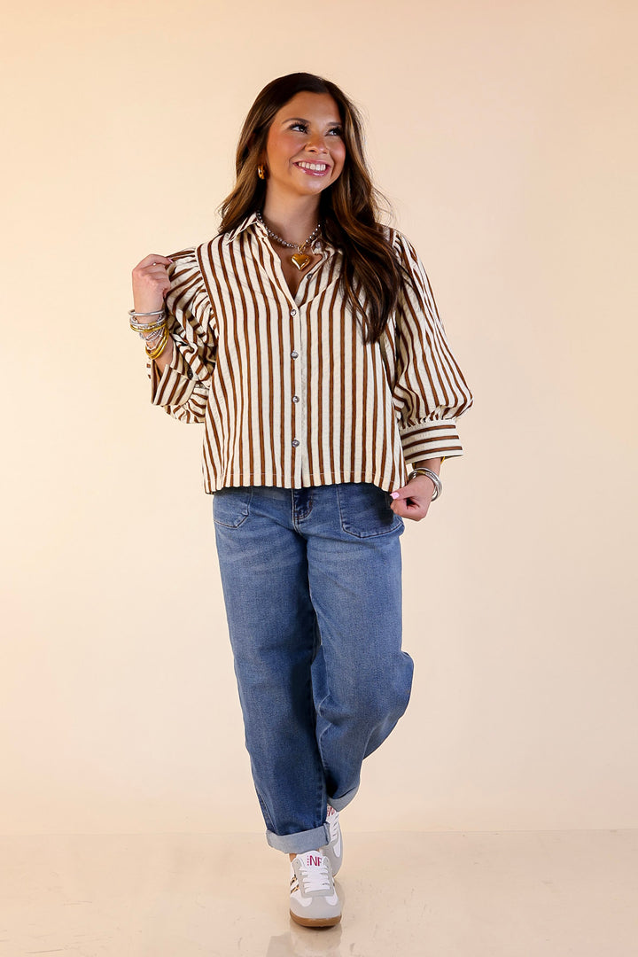 The Bold Type Striped Long Sleeve Button-Up Top in White with Chocolate Brown Stripes