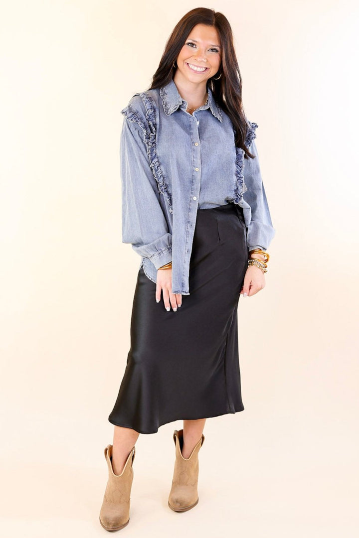 Attention To Detail Button Up Collared Denim Top with Ruffle Detail